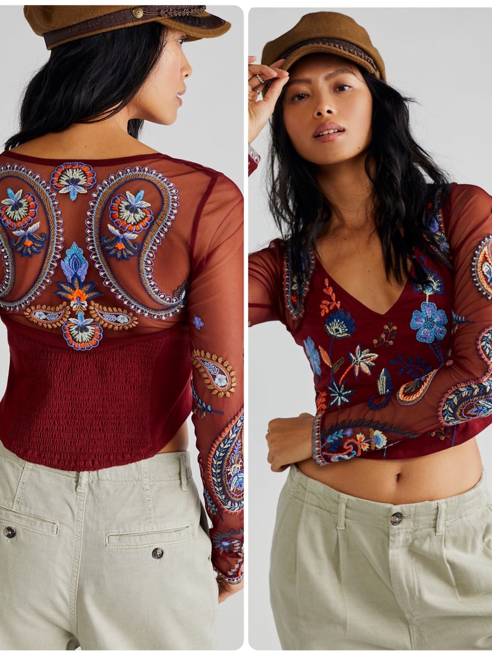 Free People Floral Embroidered Florence Top in Cowboy Red XS NWT
